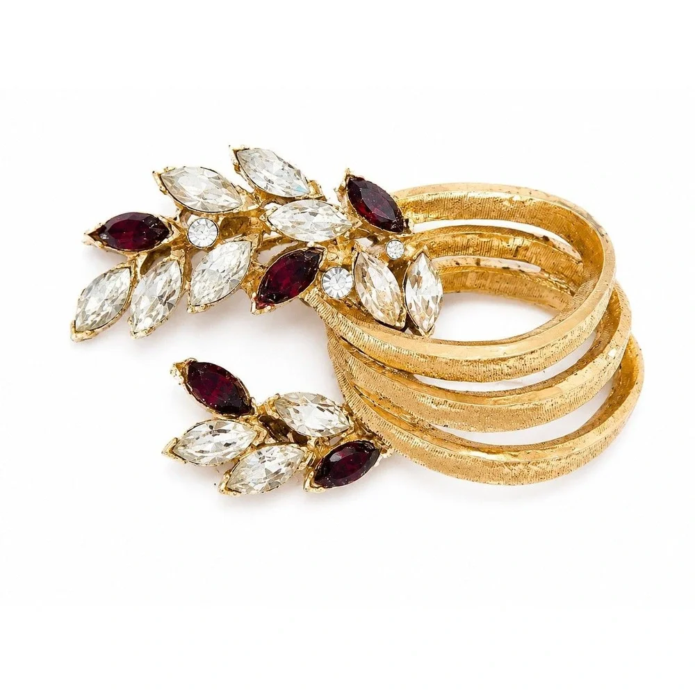 Vintage BSK Mid Century Gold Tone Brooch Purple Clear Rhinestone Pin